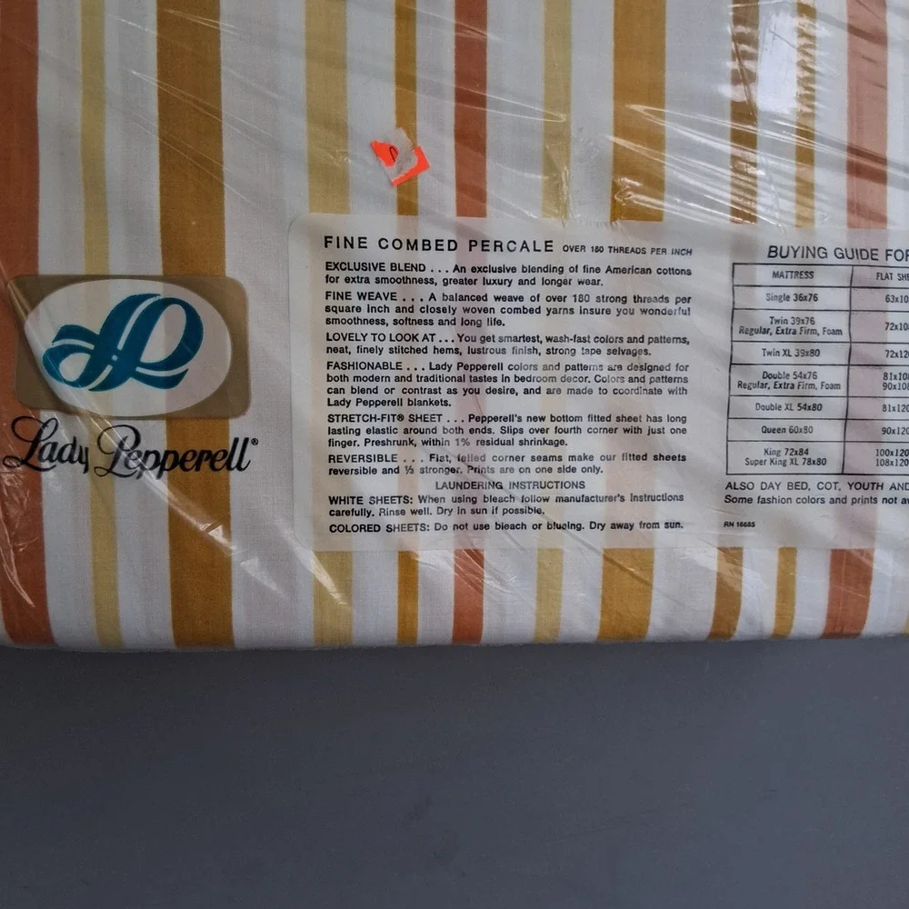 Vtg 60s 70s NOS Lady Pepperell Full Flat Sheet Striped Yellow Orange Fall Colors
